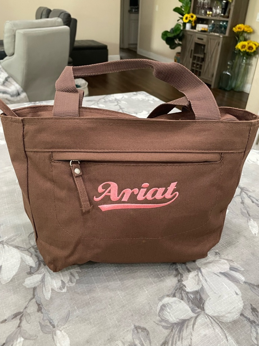 Ariat Brown Canvas Tote Bag Pink Logo Equestrian Barn Utility Travel Bag